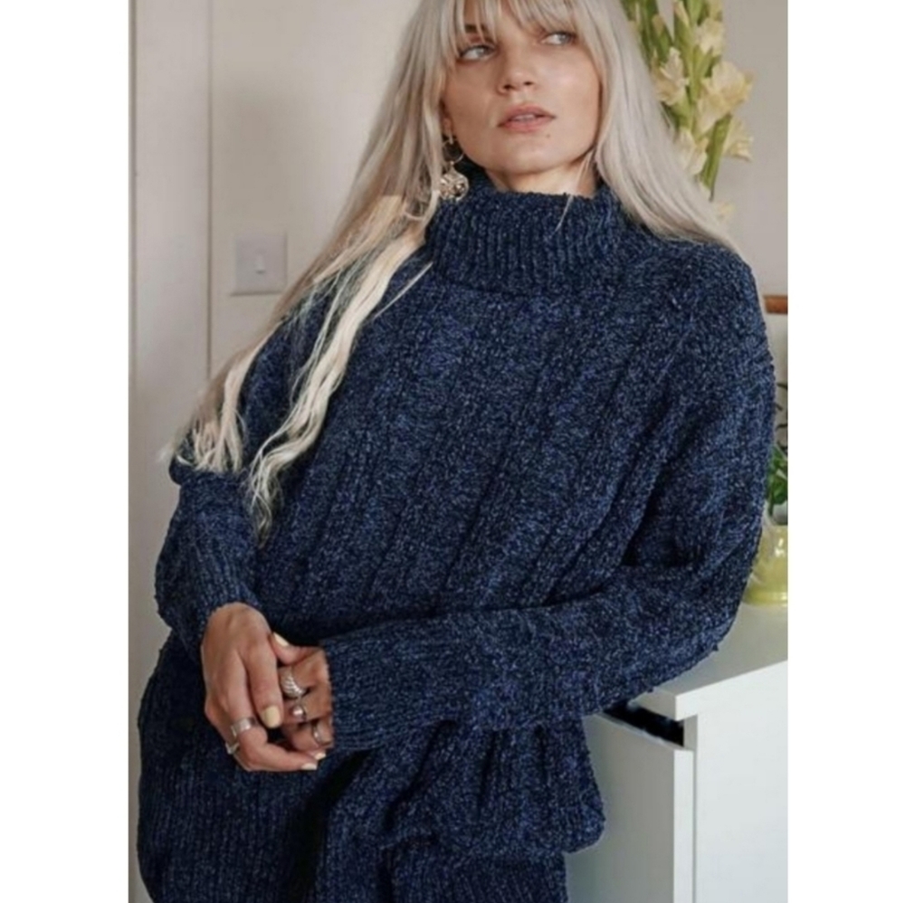 Blue Soft Chenille Turtleneck Cable Knit Sweater
